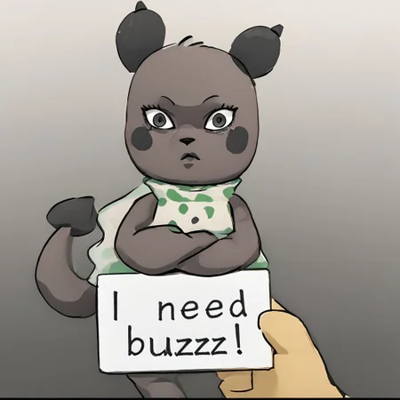 queen never cry, serious face, looey, black eyes, polka dot shirt, sleeveless, tail, need_buzz, holding sign