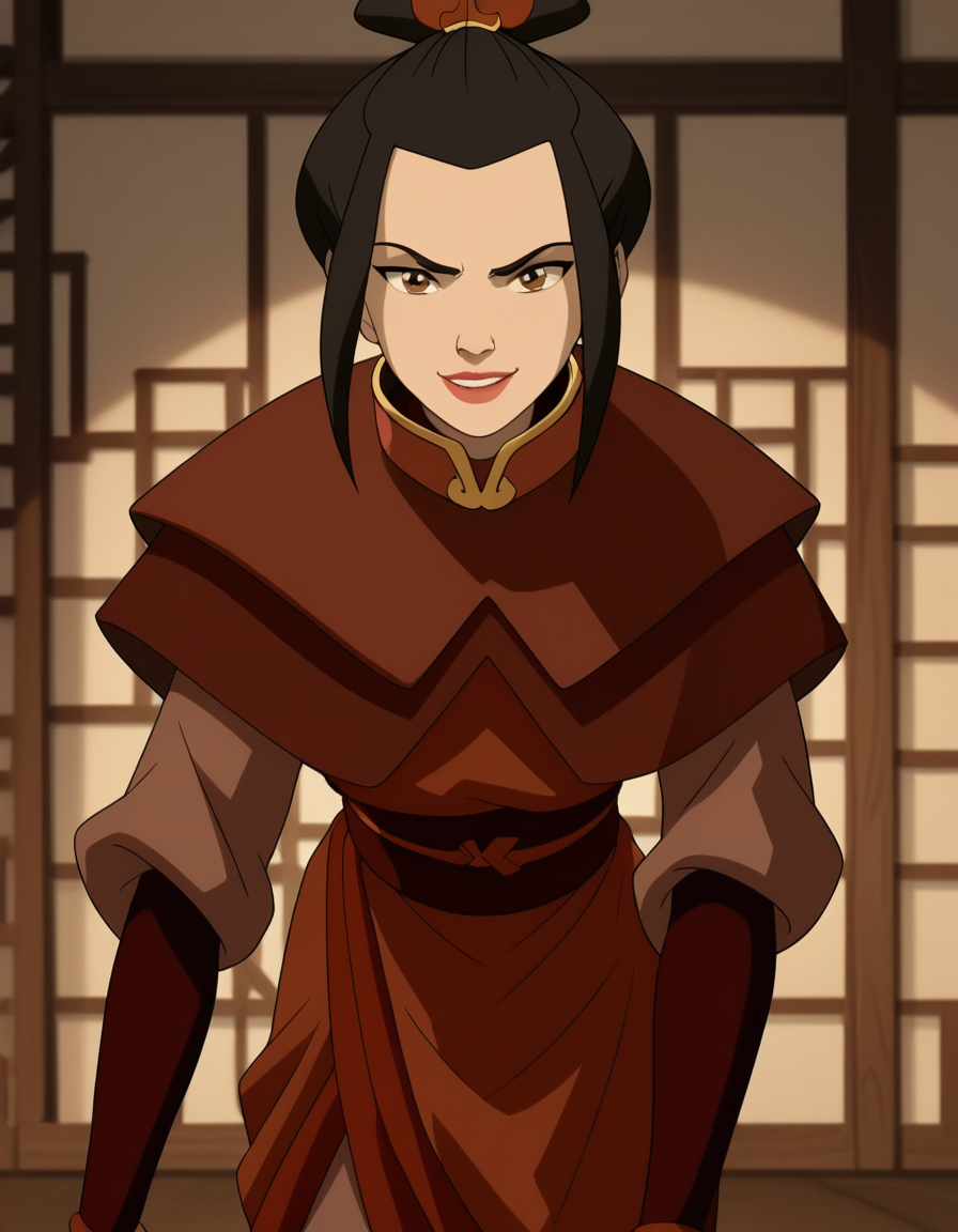 score_9, score_8_up, score_7_up, source_anime, <lora:azula-book2-ponyxl-lora-nochekaiser:1>, azula, black hair, brown eyes, topknot, sidelocks, hair bun, single hair bun, chinese clothes, capelet, sash, long sleeves, elbow gloves, , indoors, bent over, smile, looking at viewer, solo, cowboy shot, dutch angle