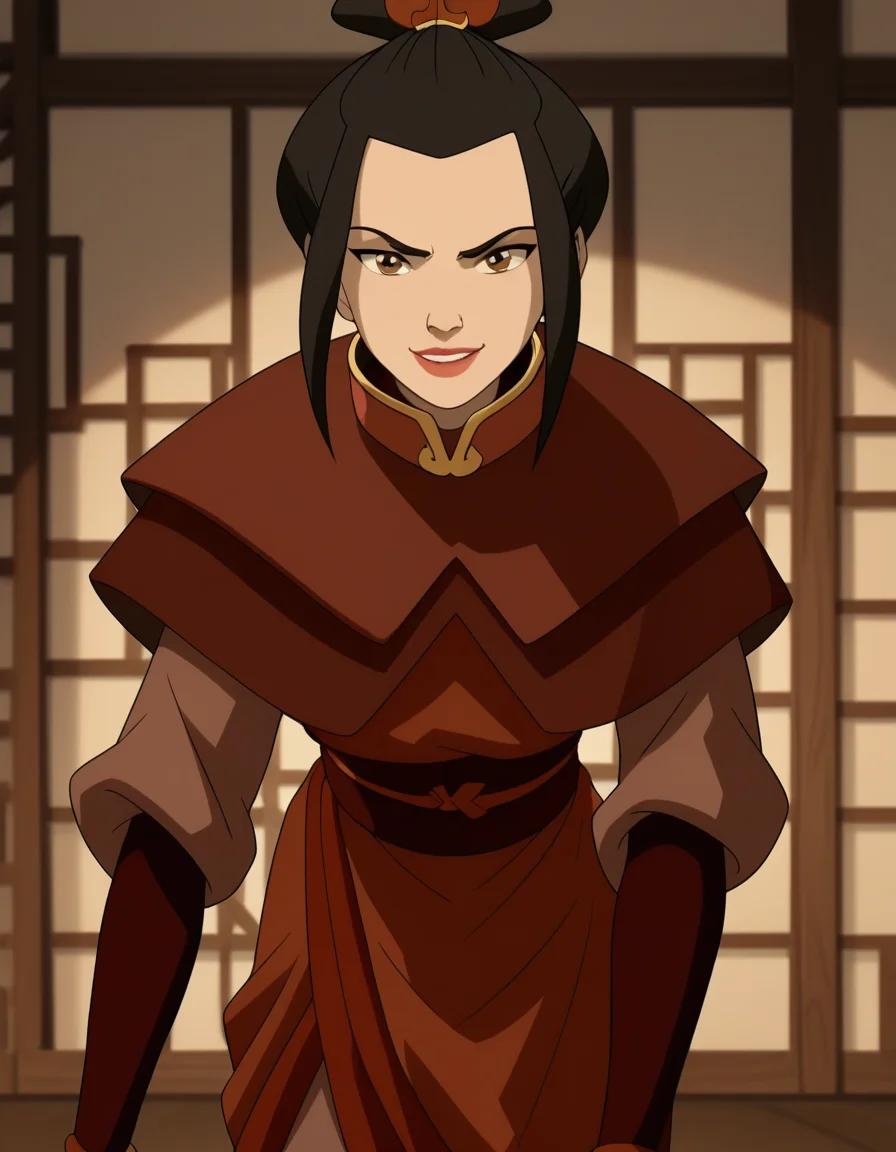 score_9, score_8_up, score_7_up, source_anime, <lora:azula-book2-ponyxl-lora-nochekaiser:1>, azula, black hair, brown eyes, topknot, sidelocks, hair bun, single hair bun, chinese clothes, capelet, sash, long sleeves, elbow gloves, , indoors, bent over, smile, looking at viewer, solo, cowboy shot, dutch angle