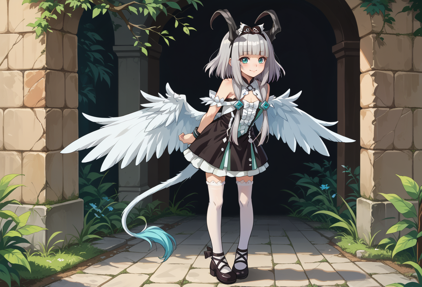 score_9, score_7_up, source_anime, BREAK solo, <lora:AEVentuswill (2):0.8>  AEVentuswillHu, teal eyes, grey hair, blunt bangs, short hair with long locks, black horns, tail, White wings, hairband, bare shoulders, black dress, white thighhighs, black footwear, 
arms behind back, leaning forward, smile, full body,  wrist extended,