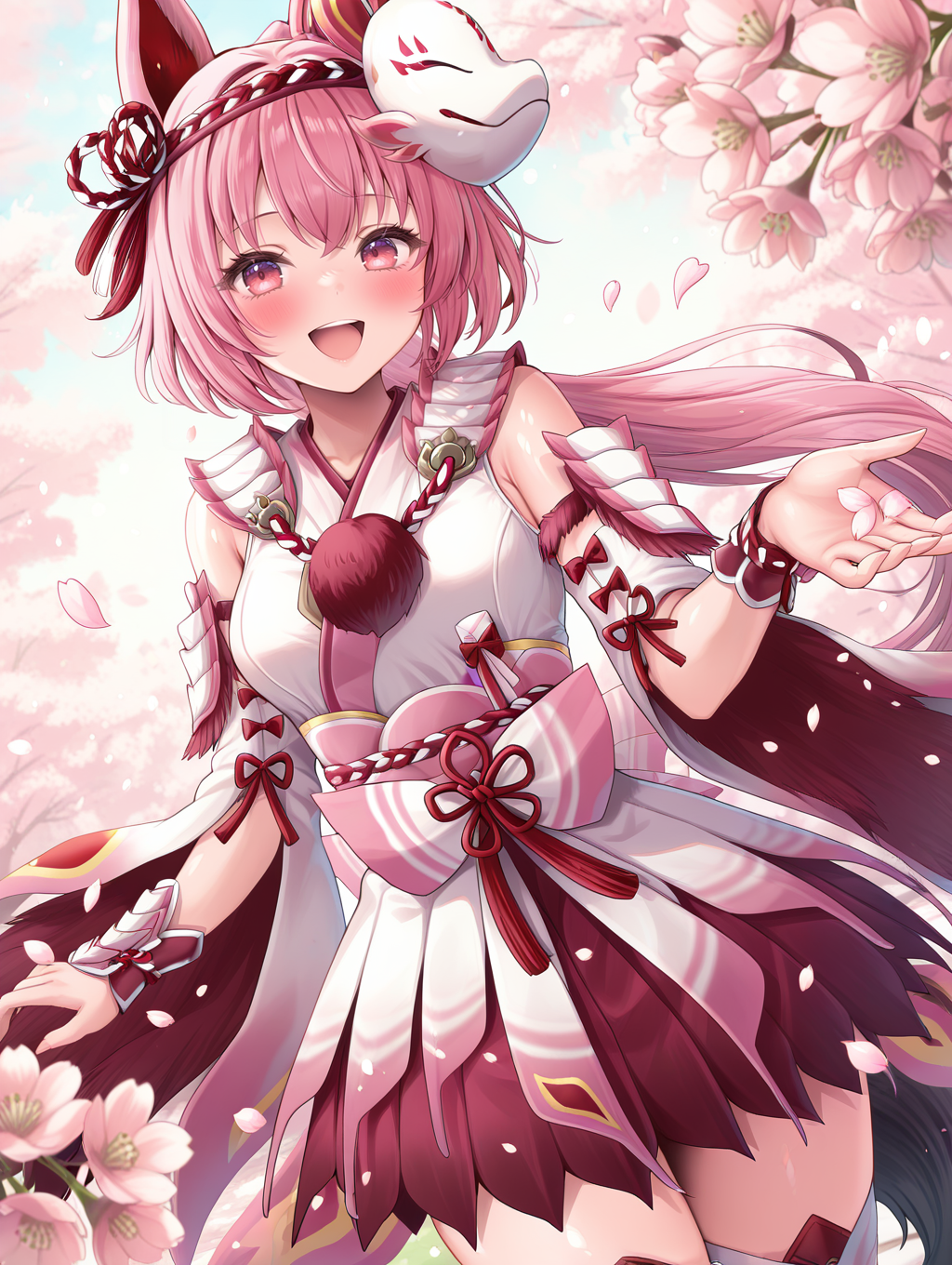 mizutsune gunner armor, 1girl, solo, cherry blossoms, fox girl, fox ears, pink hair, fox tail, ponytail, red eyes, long hair, looking at viewer, open mouth, smile, blush, petals, flower, hand up, :d, pink hairband, white kimono dress, pink sash bow, white detached sleeves, white vambraces, white thigh boots, dutch angle,
masterpiece,best quality,amazing quality,very aesthetic,absurdres,newest,<lora:Mizutsune Armor Beta illuXL v1:0.95>,