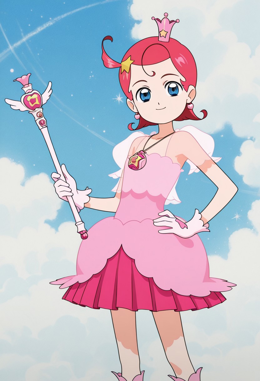 masterpiece, best quality, source_anime,official art,perfect_anatomy,princess comet, 1girl,  blue eyes,  ahoge, red hair, short hair,  star hair ornament,magical girl,  mini crown, earrings,  jewelry,star (symbol), necklace, pendant, dress, see-through, gloves, wand, boots,tutu, looking_at_viewer,happy,smile,upper body,day,blue_sky,cloud