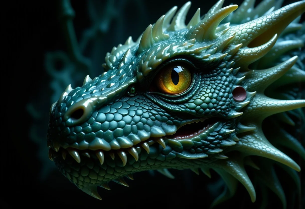 a close up of a dragon, partially covered in shadows, yellow eyes, slit eyes, glowing eyes, shiny eyes, no sclera, white and green scales, bioluminescence scales, inside a dark forrest, masterpiece, best quality, (detailed face and eyes:1.3), (photorealistic:1.3), (realistic:1.3), high detail 8 k, an ambient occlusion render, aidmaHyperrealism, Chiaroscuro Lighting Style.