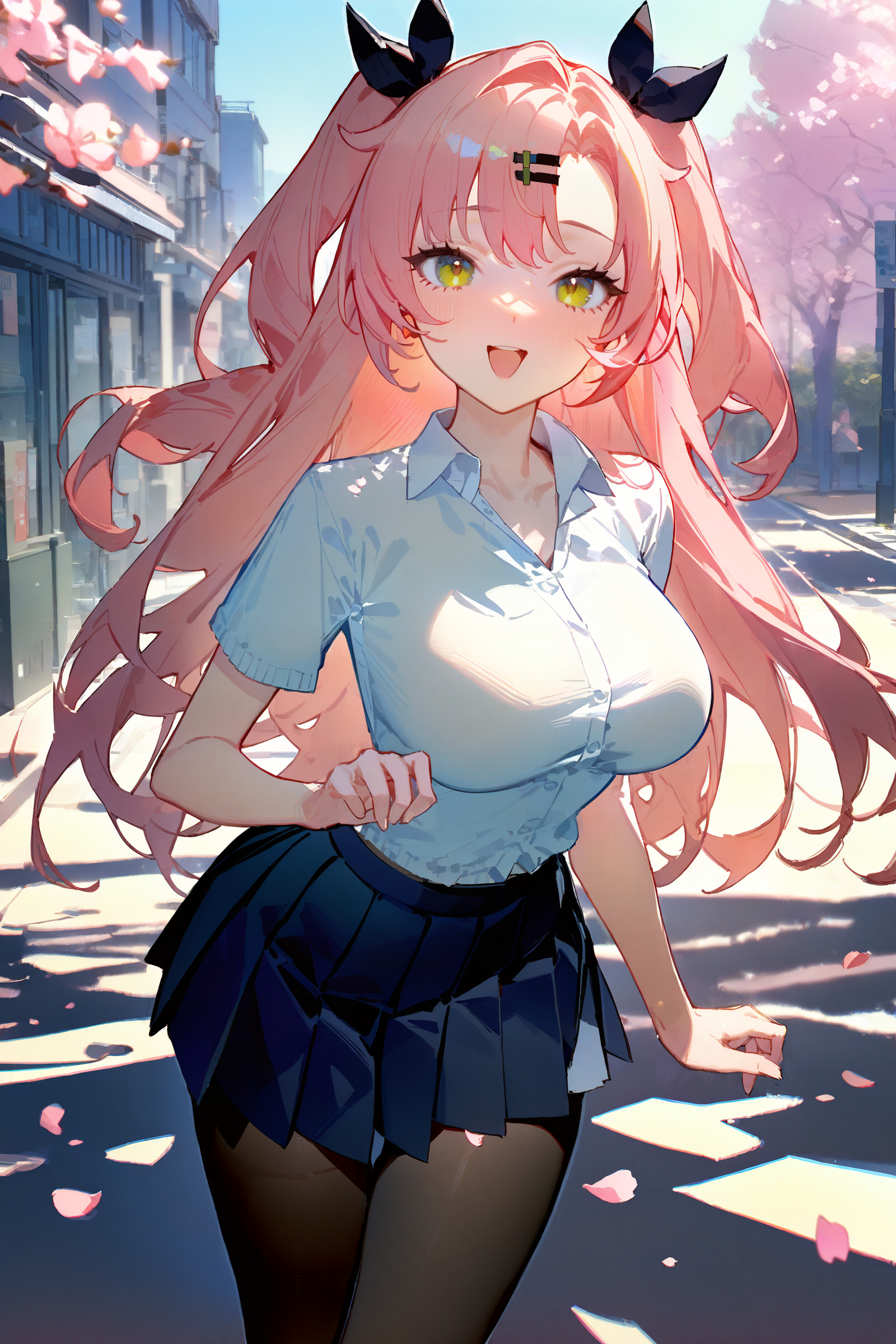 masterpiece, best quality, very aesthetic, ray tracing, newest, (hitenkei, askzy:0.4), 1girl, nicole demara, hair ribbon, hairclip, solo, school uniform, white shirt, sweater, pleated skirt, pantyhose, smile, open mouth, looking at viewer, outdoors, street, cherry blossoms, petals, depth of field <lora:EnvyBetterHiresFixXL01:0:hr=2>  <lora:Char-ZZZ-Nicole-XL-V1:0.9>