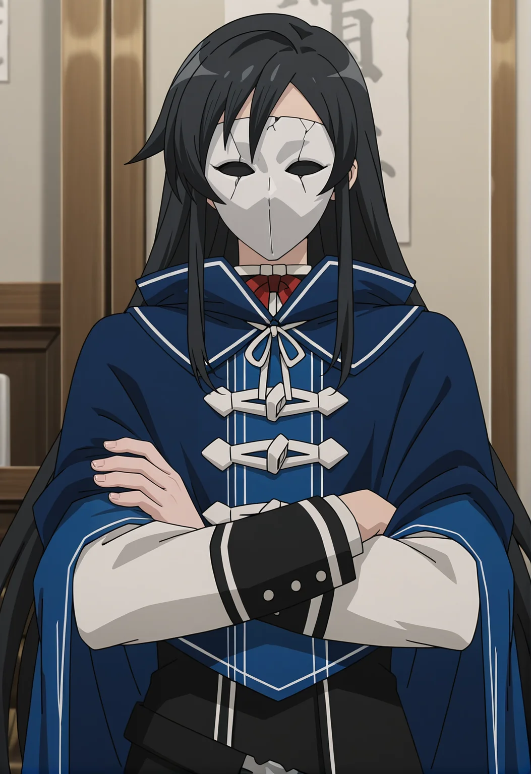 <lora:Shizuka NANAHOSHI_illustrious-000036:1>,
Shizuka NANAHOSHI, crossed arms, solo, mask, long sleeves, upper body, cape, very long hair, indoors, cloak, blue cloak, shirt, anime screencap