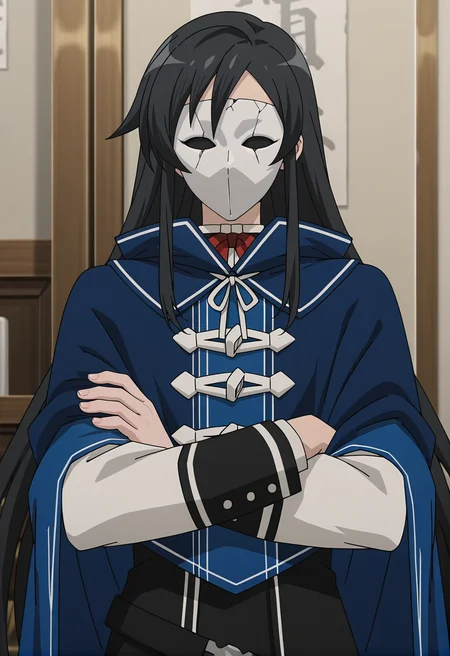 <lora:Shizuka NANAHOSHI_illustrious-000036:1>,
Shizuka NANAHOSHI, crossed arms, solo, mask, long sleeves, upper body, cape, very long hair, indoors, cloak, blue cloak, shirt, anime screencap