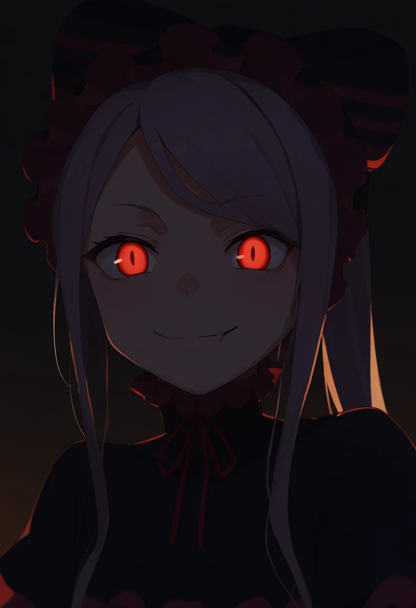 score_9, score_8_up, score_7_up, score_6_up, score_5_up, score_4_up, BREAK, source_anime,
1girl, shalltear, long hair, ponytail, red eyes, (glowing eyes:0.5), bow, black dress, frilled dress, long sleeves, fang,
upper body, evil smile, looking at viewer, solo, simple background, white background <lora:ShalltearXL:1>