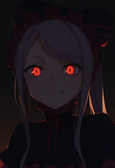 score_9, score_8_up, score_7_up, score_6_up, score_5_up, score_4_up, BREAK, source_anime,
1girl, shalltear, long hair, ponytail, red eyes, (glowing eyes:0.5), bow, black dress, frilled dress, long sleeves, fang,
upper body, evil smile, looking at viewer, solo, simple background, white background <lora:ShalltearXL:1>