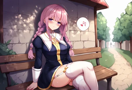 score_9, score_8_up, score_7_up, score_6_up, score_5_up, score_4_up, source_anime, uncensored, zPDXLxxx <lora:intricate_details:1> intricate_details_xl, outdoors, town, sunlight, sunbeam, depth of field,
<lora:Enishia_Binding_Brand_v1-000040:1> Enishia, 1girl, solo, braid, twin braids, pink hair, blue eyes, purple eyes, miniskirt habit, white thighhighs, garter straps, necklace, cross, jewelry, puffy sleeves, sitting, on bench, head tilt, spoken musical note, silhouette,