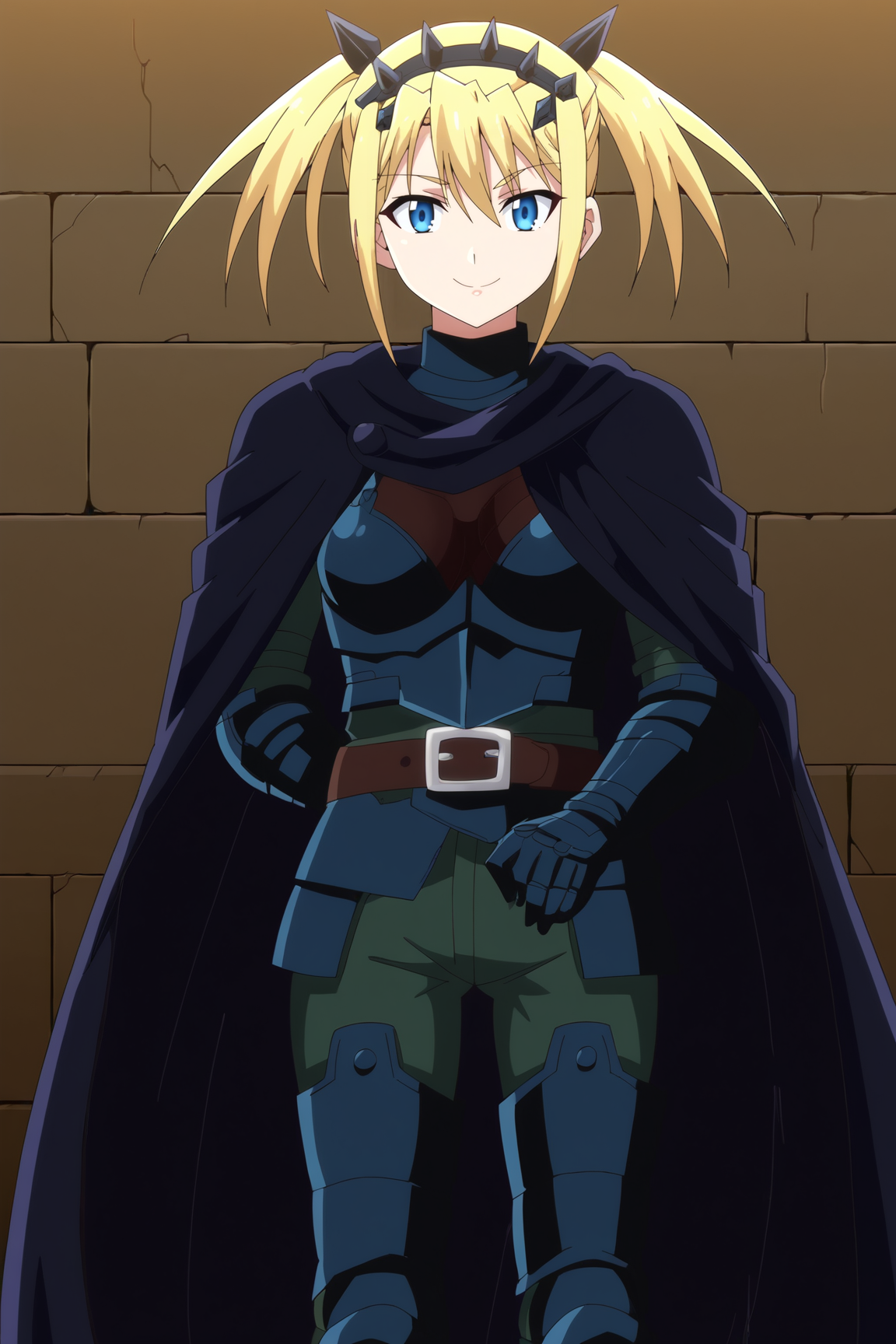 score_9, score_8_up, score_7_up, source anime, prefect lighting, very aesthetic, BREAK, anime coloring, anime screencap,
<lora:lucy_grill_v1-pdv6:0.9>, 1girl, lucy grill, peter grill to kenja no jikan, blue eyes, blonde hair, twintails, hair ornament, hairband, 
lucyout, armor, cape, belt,  
BREAK, looking at viewer, smile, 
BREAK,