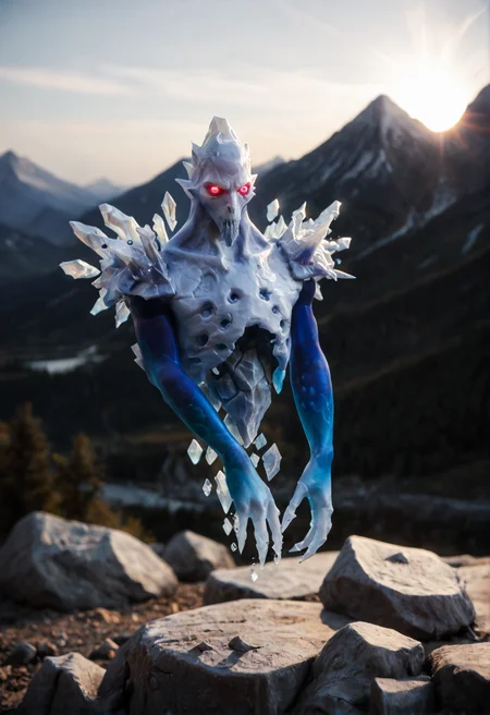 <lora:Ancient_Apparition_V1:1>ancient_apparition_v1, 1boy
no humans, pokemon (creature), monster,
ice, crystal, glowing, floating,
glowing eyes, red eyes, blank eyes, white eyes,
spikes, claws,
colored skin,, score_9, score_8_up, score_7_up, score_6_up, derpibooru_p_95,
detailed eyes, beautiful, detailed background, perfect eyes,
blur censor, blurry, blurry background, blurry foreground, bokeh, motion blur,
chromatic aberration, depth of field, figure, focused, focus
photography, realistic sun light and shadows, photorealism, UHD --ar 9:16 --style raw --stylize 700,
solo,
(mountain and water landscape:1.3), (natural beauty:1.2), (poetic mood:1.2), (ethereal atmosphere:1.2), (surrounded by mountains:1.2), looking away, (lying down:1.1),posing sideways, elegant pose, evocative pose,
