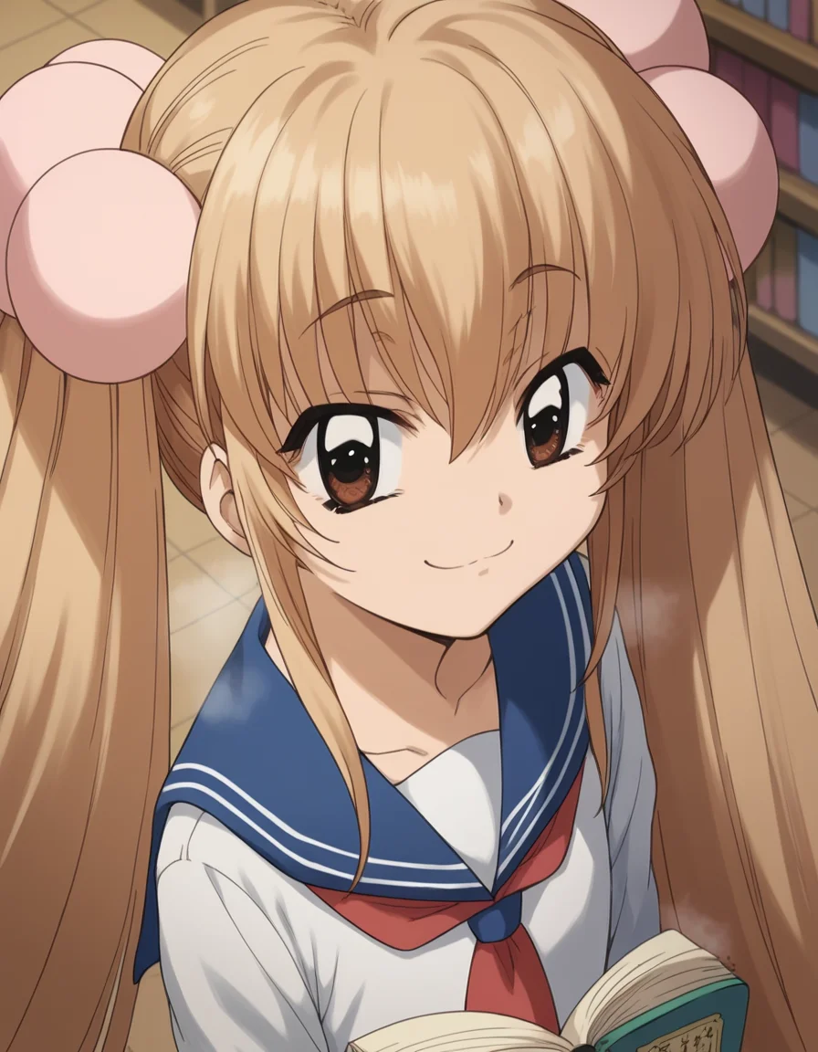 score_9, score_8_up, score_7_up, source_anime, <lora:rin-kokonoe-s1-ponyxl-lora-nochekaiser:1>, rin kokonoe, long hair, brown hair, hair ornament, twintails, brown eyes, very long hair, hair bobbles,, school uniform, serafuku, long sleeves,, bookstore, browsing shelves, new book smell, finding a favorite, quiet atmosphere, smile, from above,, looking at viewer, solo,, dutch angle, cowboy shot