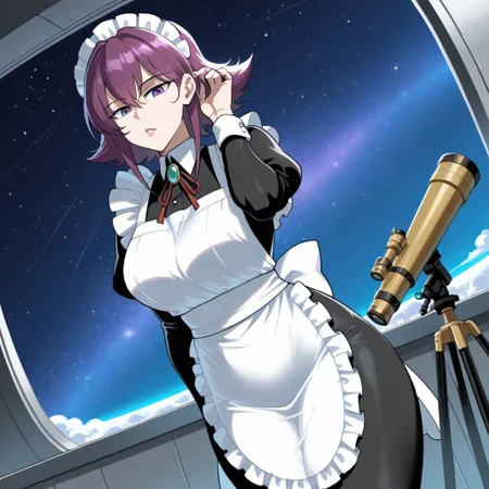 score_9, score_8_up, score_7_up, source_anime, <lora:wilhelmina-carmel-s1-ponyxl-lora-nochekaiser:1>, 1girl, mature, milf, wilhelmina carmel, short hair, purple eyes, purple hair, large breasts,, apron, maid, maid headdress, wide hips, thick thighs, glossy lips, detailed lips, observatory, telescope, stars, space, roof, , <lora:tucking-hair-ponyxl-lora-nochekaiser:1>, tucking hair, adjusting hair, hand on own hair, hair behind ear,, looking at viewer, solo,, dutch angle, cowboy shot