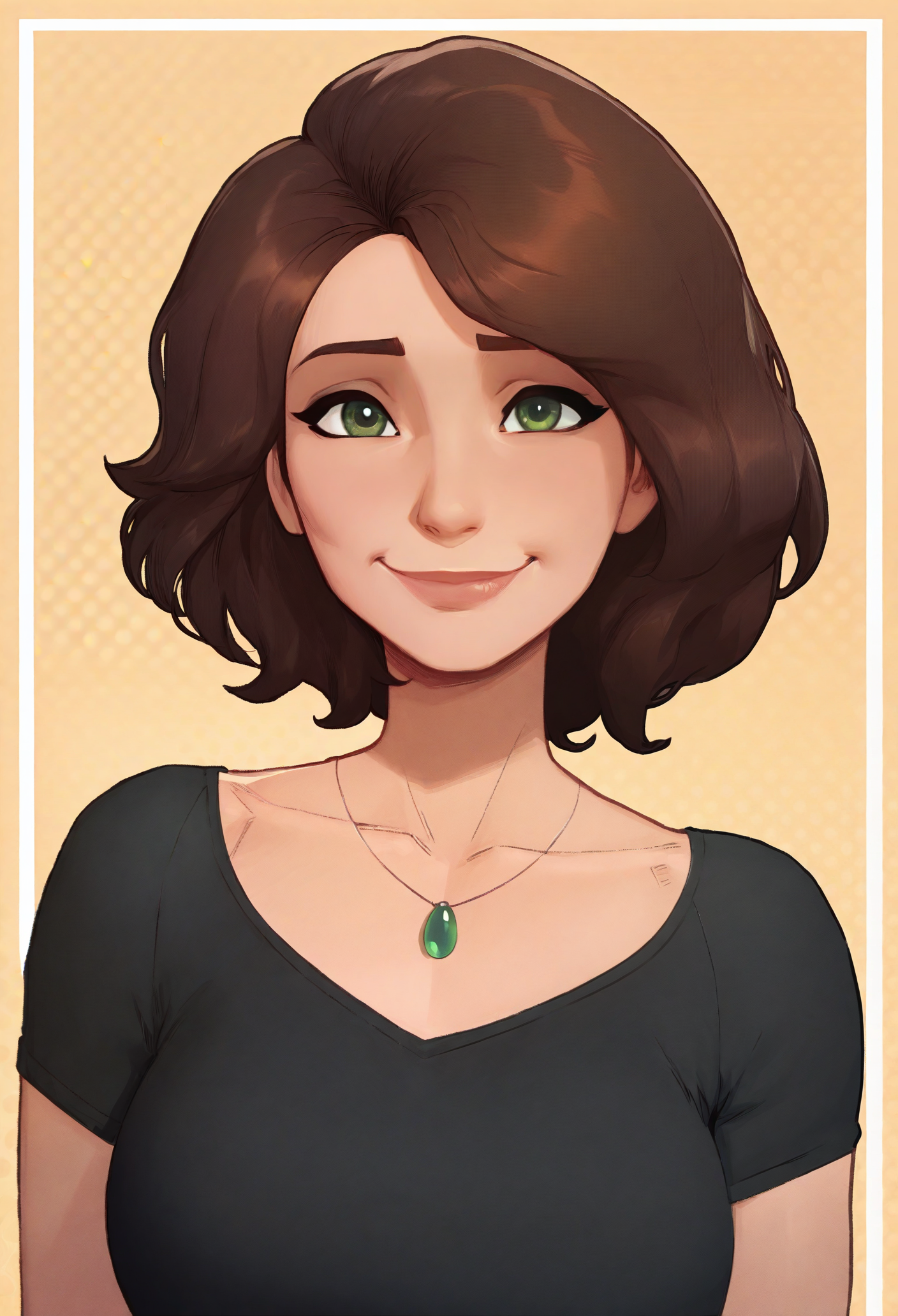 1girl, solo, looking at viewer, smile, polka dot background, border, 
 masterpiece, best quality, <lora:auntcass-guy90-Illust-LoraV1:1>, ssanua, 1girl, solo, mature female, brown hair, short hair, black shirt, short sleeves, necklace, green eyes, brown eyes, pendant, collarbone, portrait