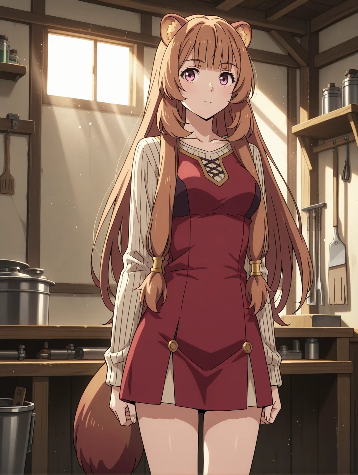 (red dress striped sweater:1.50),
tny-raphtalia, pink eyes, brown hair, sidelocks, blunt bangs, raccoon ears, raccoon tail,
medium breasts, 1girl, solo, skinny,
(masterpiece, highres, ultra-detailed,very aesthetic, best quality, absurdres, high quality, highres),
horny,
standing,
(:1.70),
BREAK,
workshop,
light particles light rays sunlight
long hair
<lora:tny-raphtalia-V01-illXL:0.70>