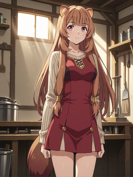 (red dress striped sweater:1.50),
tny-raphtalia, pink eyes, brown hair, sidelocks, blunt bangs, raccoon ears, raccoon tail,
medium breasts, 1girl, solo, skinny,
(masterpiece, highres, ultra-detailed,very aesthetic, best quality, absurdres, high quality, highres),
horny,
standing,
(:1.70),
BREAK,
workshop,
light particles light rays sunlight
long hair
<lora:tny-raphtalia-V01-illXL:0.70>