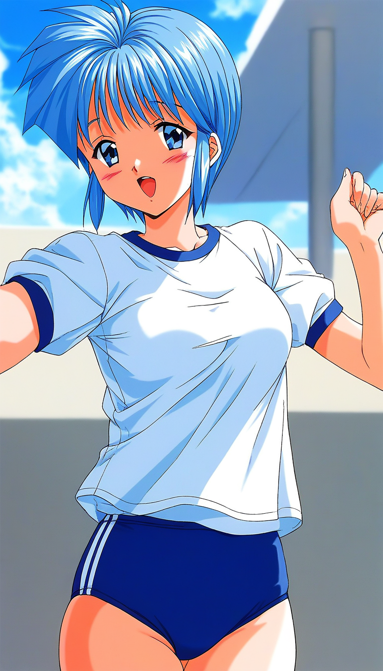 score_9, score_8_up, score_7_up, source_anime, rating_explicit, BREAK  <lora:Nijino_Saki_XL:1> NijinoSaki, blue hair, blue eyes, short hair, bangs, medium breasts, 1990s \(style\),
light blue buruma, blush, white gym uniform, open mouth, cowboy Shot,
outdoor, day, sky,