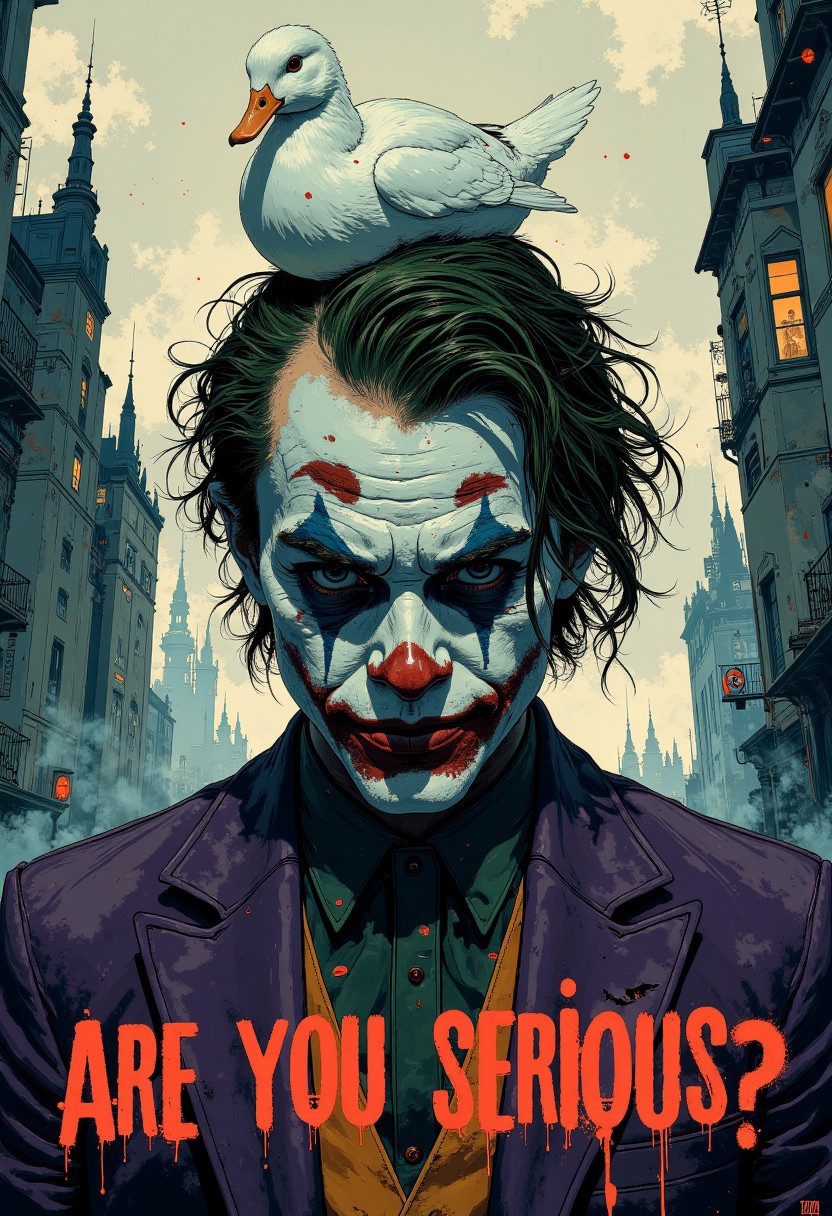 A hyper-realistic, gritty portrait of Heath Ledger as the Joker from The Dark Knight, capturing his chaotic energy and iconic expression. His smeared white makeup, darkened eyes, and scarred, painted smile evoke both menace and tragic humor. Adding an unexpected whimsical element, a pristine white duck rests confidently on his disheveled green hair, creating a surreal juxtaposition. The duck’s feathers gleam softly, contrasting sharply with the Joker's grimy, textured makeup and tattered purple coat visible in the composition. Across the lower part of the image, the phrase "ARE YOU SERIOUS ?" is scrawled prominently in a blood red ink-splash style, blending with the composition like graffiti on a canvas.
The abstract background evokes Gotham City, painted in smudged, atmospheric tones of deep grey and blue with hints of neon. Urban silhouettes and chaotic, swirling patterns suggest the anarchic spirit of the Joker's world. The soft lighting highlights the details of the Joker’s face and the intricate textures of the duck’s feathers, merging humor with intensity. The painterly touch lends a subtle blend of realism and artistic abstraction, amplifying the surreal yet strikingly memorable visual
