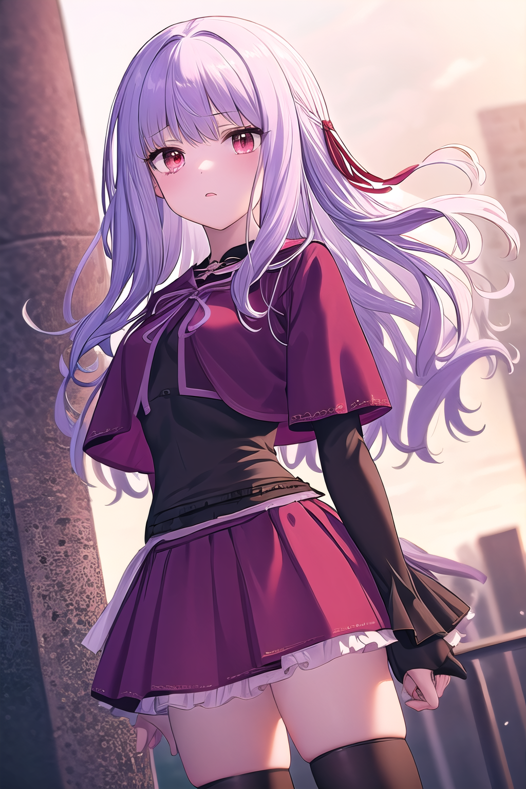 masterpiece, best quality, ultra-detailed, Yuka, purple hair, red eyes, red ribbons, purple dress with black sleeves, black waist