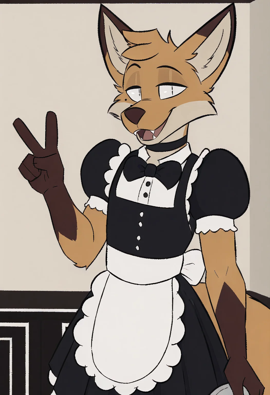 balthy, v sign, 1boy, black bow, black bowtie, black choker, black dress, body fur, bow, bowtie, buttons, choker, cowboy shot, crossdressing, fangs, fox boy, fox ears, fox tail, frilled apron, frills, furry, furry male, holding,, looking at viewer, maid, maid apron, male focus, mole, mole under eye, puffy short sleeves, puffy sleeves, short sleeves, smile, solo, standing, tail, teeth, waist apron, white apron, white eyes, white fur, orange fur <lora:Balthy_Illustrous:1>