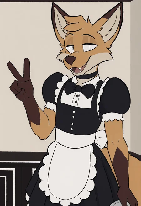 balthy, v sign, 1boy, black bow, black bowtie, black choker, black dress, body fur, bow, bowtie, buttons, choker, cowboy shot, crossdressing, fangs, fox boy, fox ears, fox tail, frilled apron, frills, furry, furry male, holding,, looking at viewer, maid, maid apron, male focus, mole, mole under eye, puffy short sleeves, puffy sleeves, short sleeves, smile, solo, standing, tail, teeth, waist apron, white apron, white eyes, white fur, orange fur <lora:Balthy_Illustrous:1>