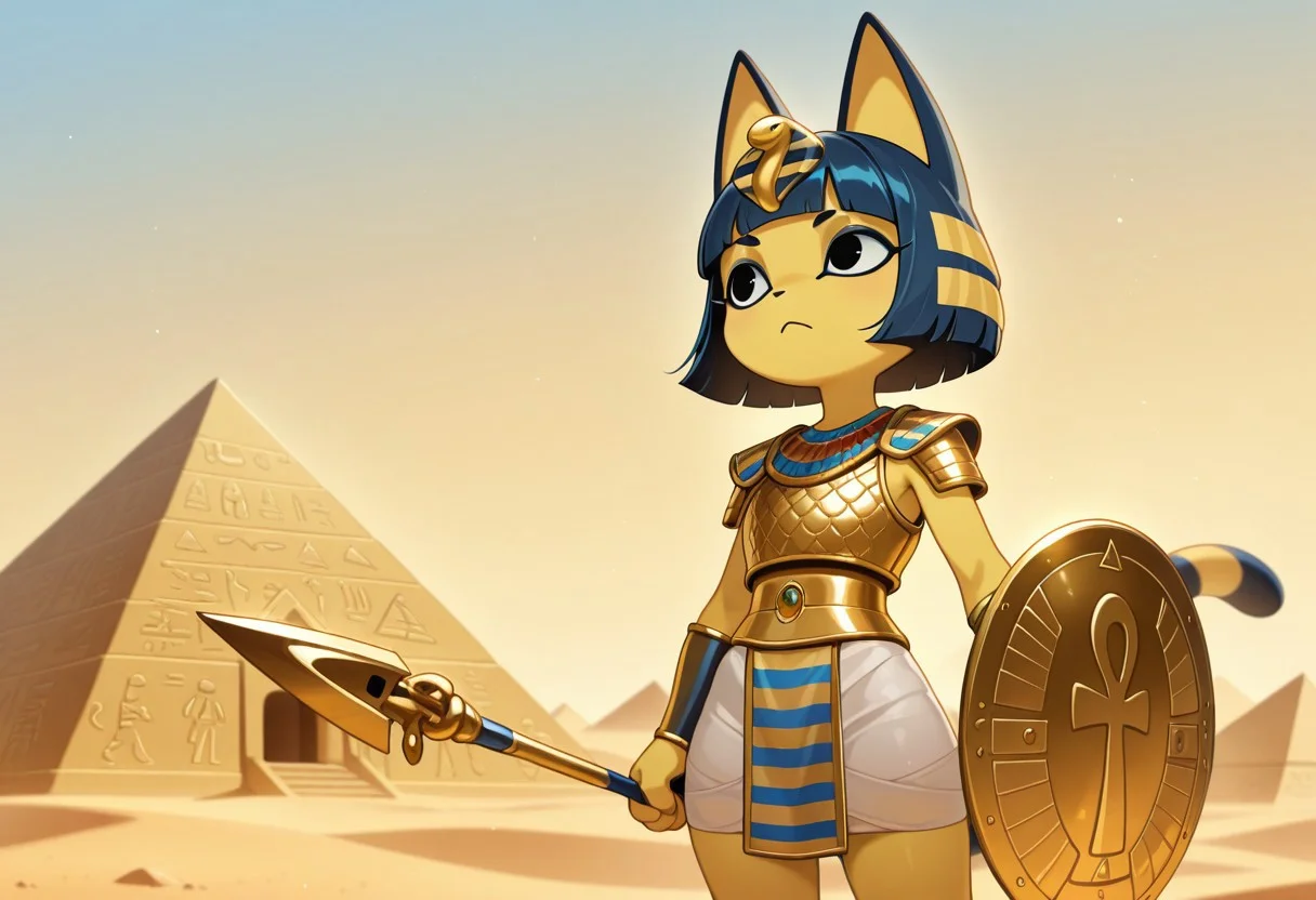 masterpiece, best quality, ultra-detailed, amazing quality, very aesthetic, chiaroscuro, 1girl, solo, ankhaILL, cat ears, tail, cat girl, cat tail, bangs, egyptian armor, snake hair ornament, blunt bangs, blue hair, bob cut, black eyes, colored skin, striped tail, short hair, furry, furry female, anthro, standing, outdoors, desert, pyramids, temple, holding shield, holding spear, shoulder armor, shoulder pads, gold trim, ankh, hieroglyphs, egyptian breastplate,