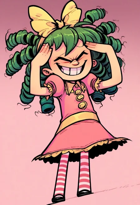 score_9, score_8_up, score_7_up, AhEtoBlehMeme, closed eyes, tongue out, :p, hands on own head, smile, <lora:AhEtoBlehMeme_pdxl_Incrs_v1:1> green hair, drill hair, yellow bow, hair bow, blue eyes, teeth, grin, dress, puffy sleeves, short sleeves, yellow belt, pantyhose, striped pantyhose, striped, shoes, black footwear,