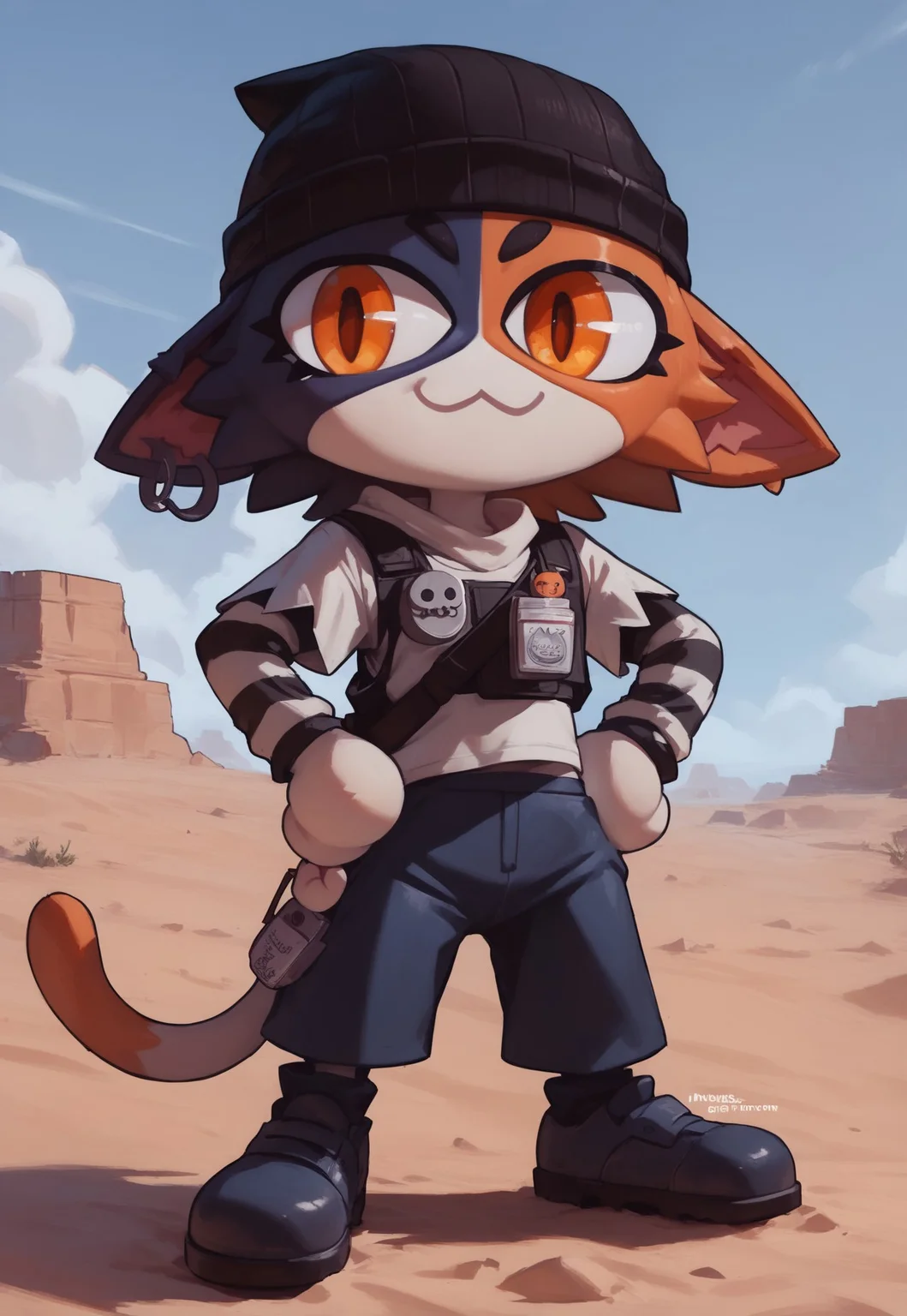 score_9, score_8_up, score_7_up, ultra quality, necoarc, slit pupils, :3, chibi, 1girl, Meowskullsxl, anthro, cat girl, beanie, animal ears, multicolored fur, black fur, orange fur, orange eyes, standing, hands on hips, featureless hands, looking at viewer, desert