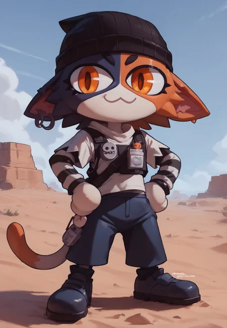 score_9, score_8_up, score_7_up, ultra quality, necoarc, slit pupils, :3, chibi, 1girl, Meowskullsxl, anthro, cat girl, beanie, animal ears, multicolored fur, black fur, orange fur, orange eyes, standing, hands on hips, featureless hands, looking at viewer, desert