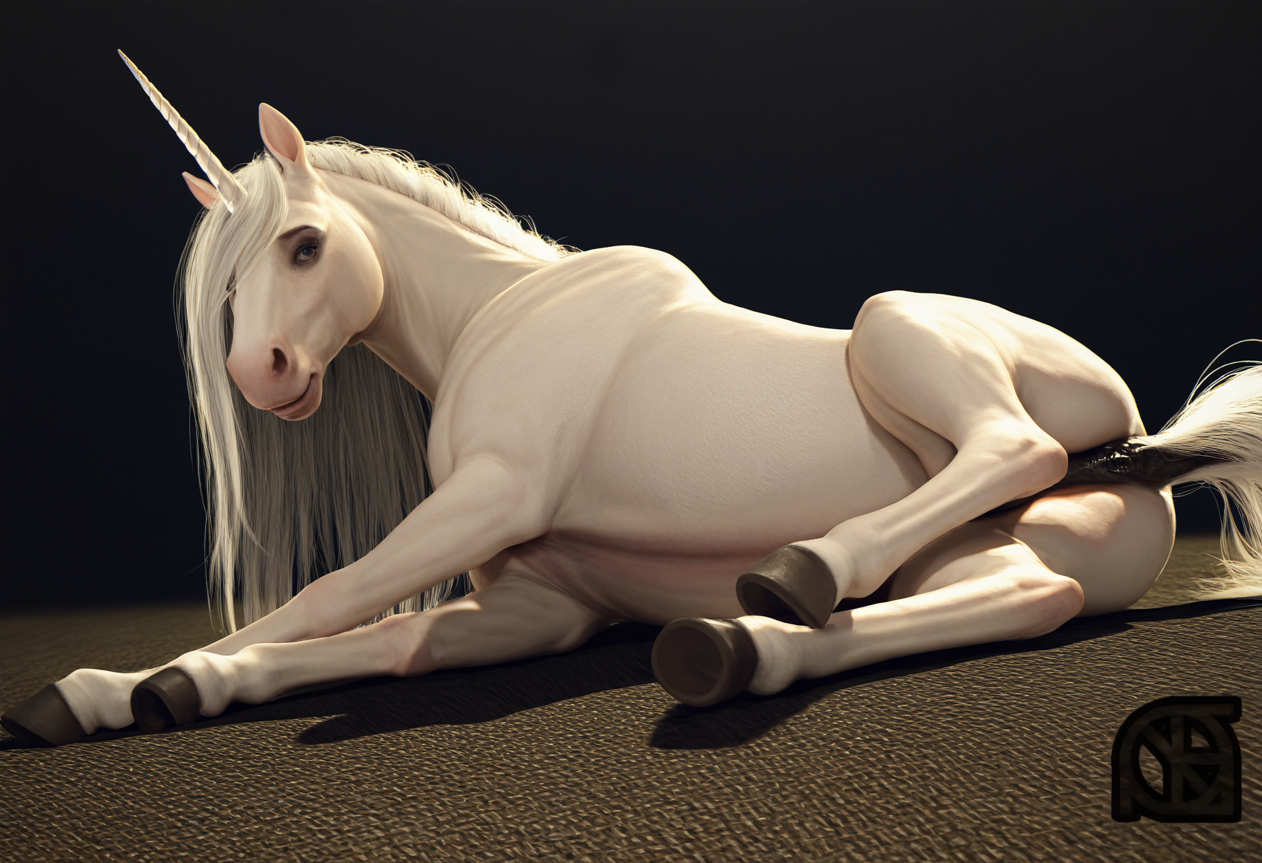safe, masterpiece, very aesthetic, 3d, photorealism, realistic, cosmiclife, feral unicorn, equine, white body, white hair, sitting, on side, dramatic lighting, dark background
<lora:3DStyle_NAIXL_v20:1>