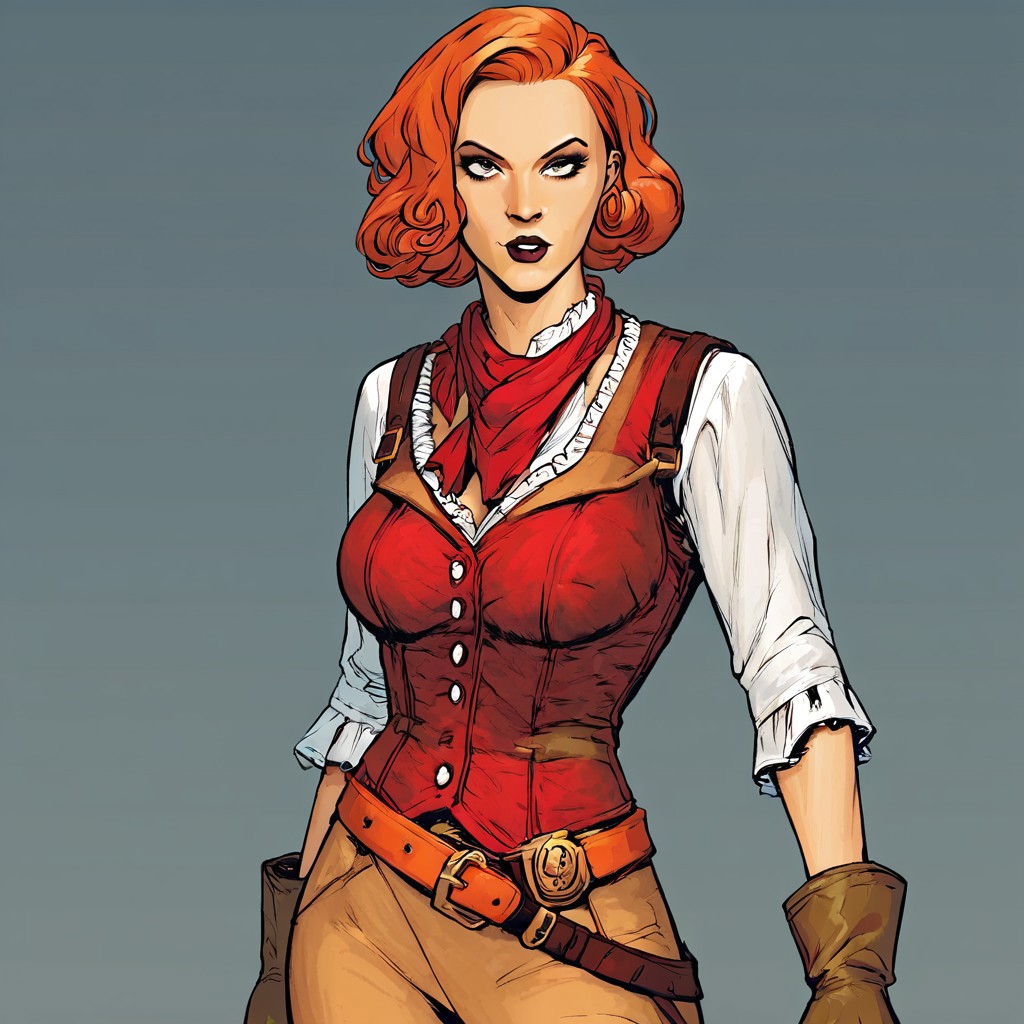 score_9,score_8_up,score_7_up(masterpiece), best quality, expressive eyes, amazing quality, solo, 1girl, white shirt, red vest, orange hair belt, jewelry, lipstick,  brown gloves, pants, breast, Scarhodes