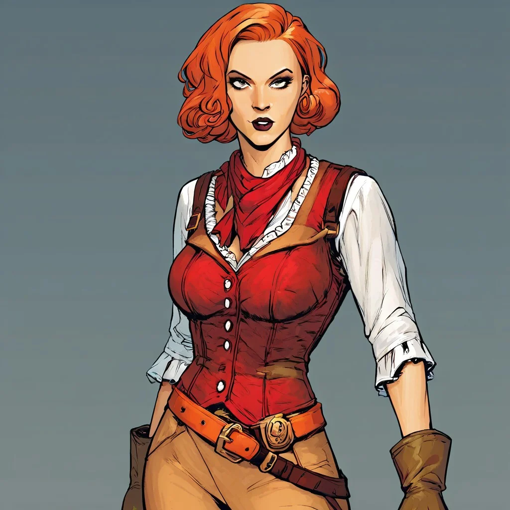 score_9,score_8_up,score_7_up(masterpiece), best quality, expressive eyes, amazing quality, solo, 1girl, white shirt, red vest, orange hair belt, jewelry, lipstick,  brown gloves, pants, breast, Scarhodes