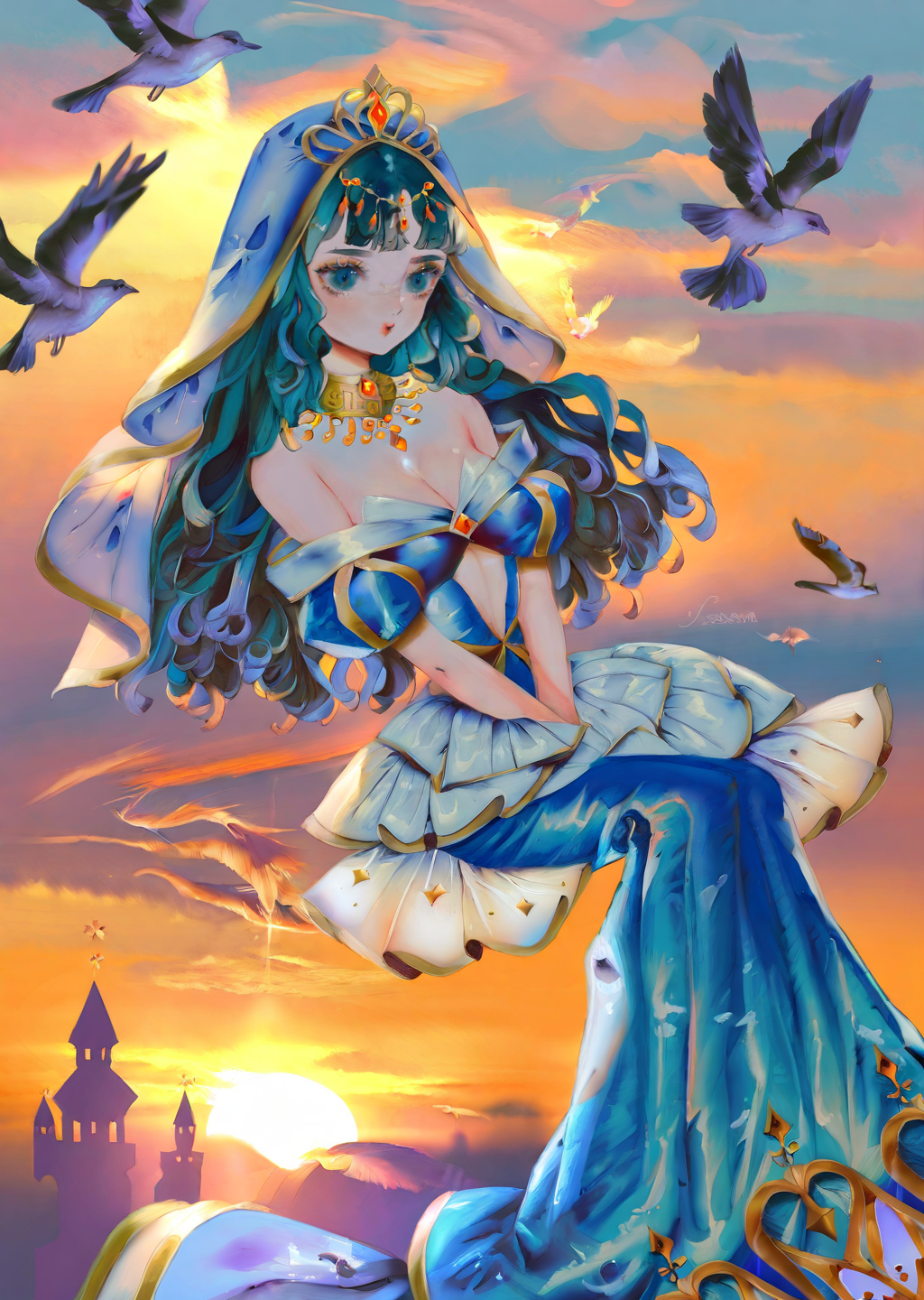 by yogisya, 
 1girl, sunset
princess jasmine \(disney\), long hair , dress, cyan off shoulder, cleavage
shadows,
  best quality, masterpiece,