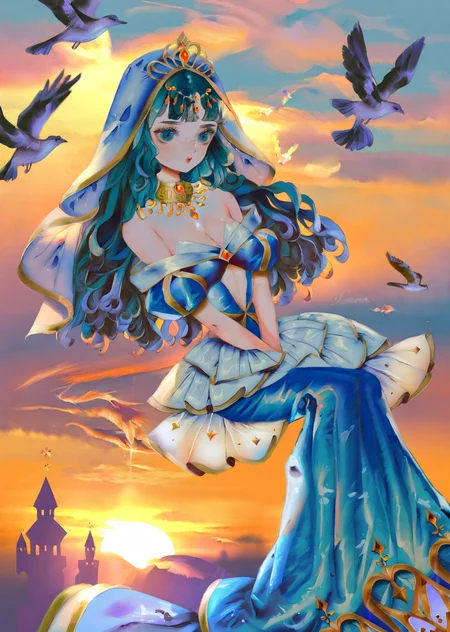 by yogisya,
1girl, sunset
princess jasmine \(disney\), long hair , dress, cyan off shoulder, cleavage
shadows,
best quality, masterpiece,