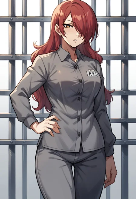 score_9, score_8_up, score_7_up, score_6_up, 1girl, solo, source_anime, BREAK 1girl, p3mitsuru, red hair, long hair, hair over one eye, Prison clothes, gray uniform, pants, name tag, curvy, looking at viewer, cowboy shot, older woman, hand on hip
