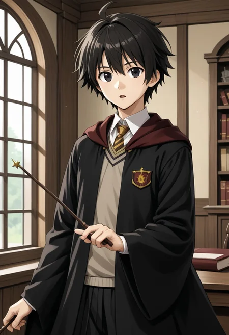 1boy, solo, darukuygo, black hair, short hair, ahoge, black eyes, gryffindor_style_clothes, hogwarts school uniform, holding, wand, indoors, open mouth, parted lips, looking at viewer,
