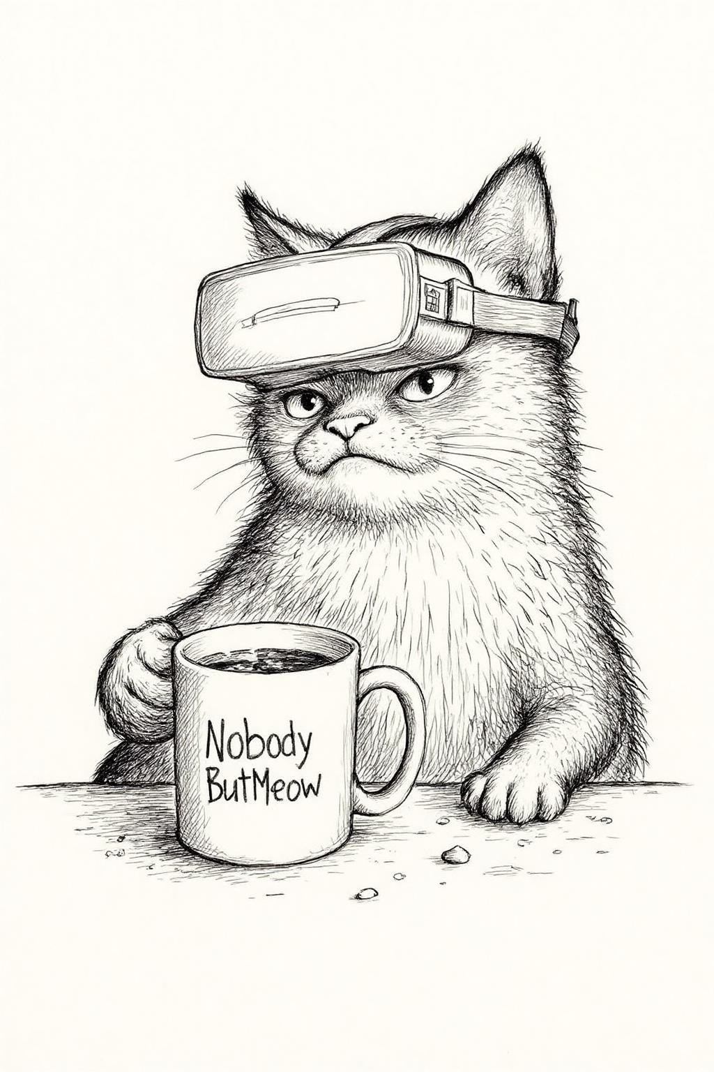 gawi1 illustration. 
Grumpy Cat holidng a coffee mug, wearing a VR Headset. The mug has the phrase "NobodyButMeow" 
 <lora:gawi1_cap_d6a3e12:1.0><lora:827364044710310211:0>