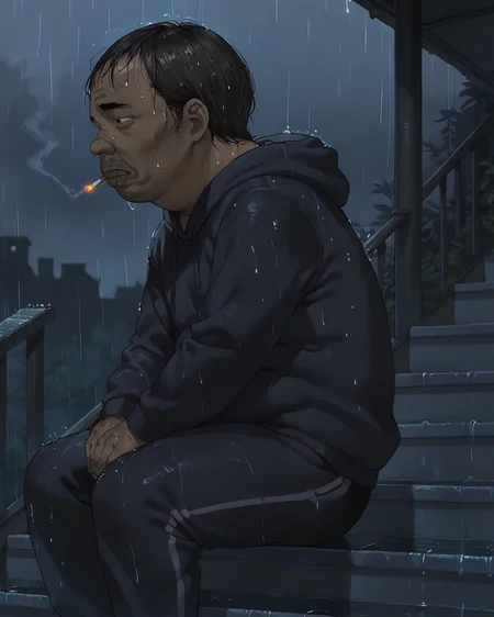 <lora:kyouan_ugly:1> 1boy, solo, fat man, ugly man, hoodie, trackpants, lit cigarette in mouth, depressed expression, sitting on stairs, <lora:Rain (pony) v1:1> heavy-rain, rain, wet, cloudy, (dull colors), depressing atmosphere, dark, side view, <lora:[PonyXL] Low Light (rred):1.8> dim, small cigarette light,