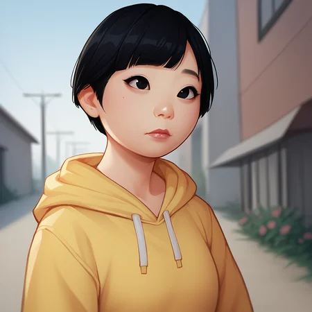 score_9_up, score_8_up, BREAK, Asian, 1girl, solo, black hair, short hair, black eyes, yellow hoodie, upper body, <lora:AsianWoman_Face_PXL_Leaf1:1>, outdoors, depth of field,