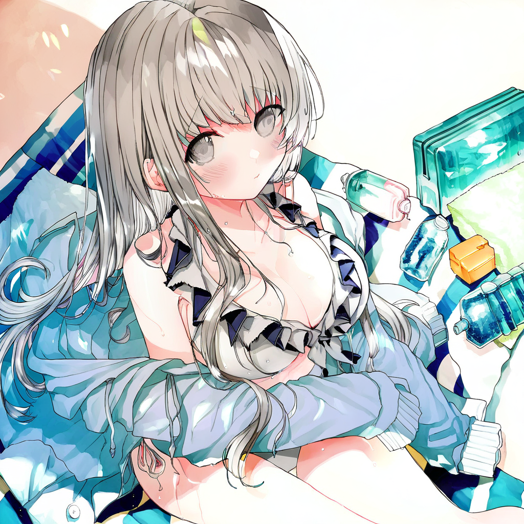 1girl, breasts, solo, swimsuit, bikini, cleavage, long hair, looking at viewer, bottle, sitting, jacket, white bikini, frilled bikini, large breasts, frills, bare shoulders, side-tie bikini bottom, collarbone, towel, off shoulder, grey eyes, bangs, blue jacket, water bottle, blush, grey hair, closed mouth
