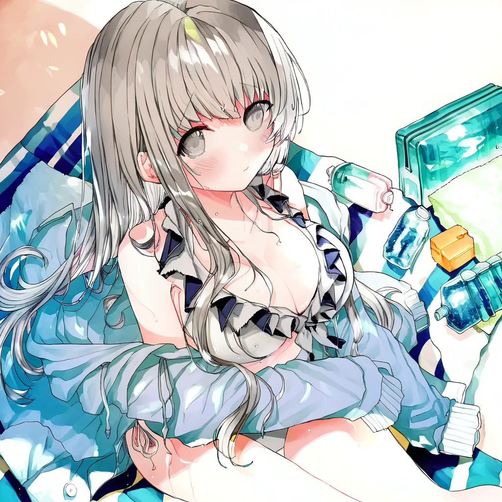 1girl, breasts, solo, swimsuit, bikini, cleavage, long hair, looking at viewer, bottle, sitting, jacket, white bikini, frilled bikini, large breasts, frills, bare shoulders, side-tie bikini bottom, collarbone, towel, off shoulder, grey eyes, bangs, blue jacket, water bottle, blush, grey hair, closed mouth