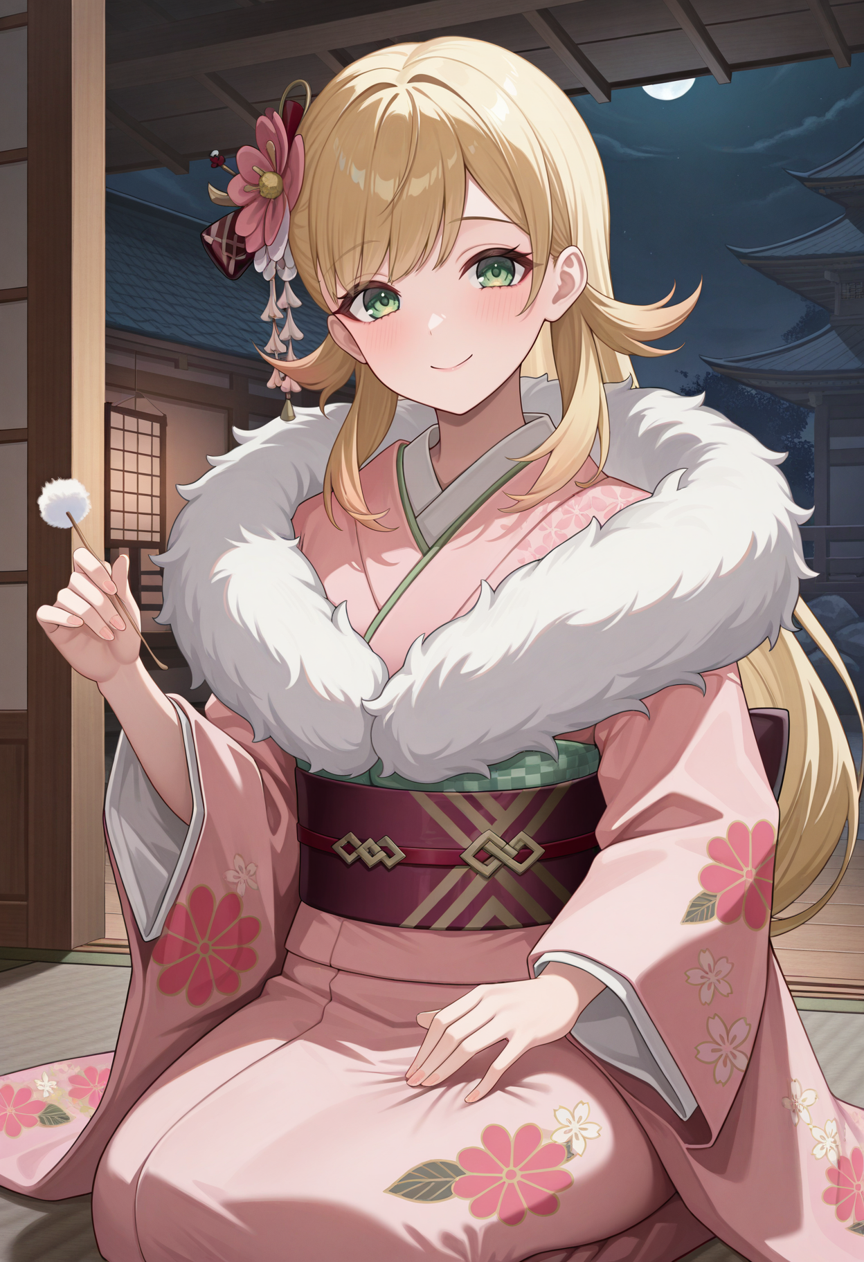 masterpiece, best quality, absurdres, highres, newest, 1girl, solo, <lora:sharena-fe-richy-v1_ixl:1> sharenany, green eyes, blonde hair, long hair, pink kimono, sash, fur trim, floral print, hair flower, closed mouth, mimikaki, lap pillow invitation, looking at viewer, seiza, sitting, indoors, darkness, night, east asian architecture, kneeling, smile