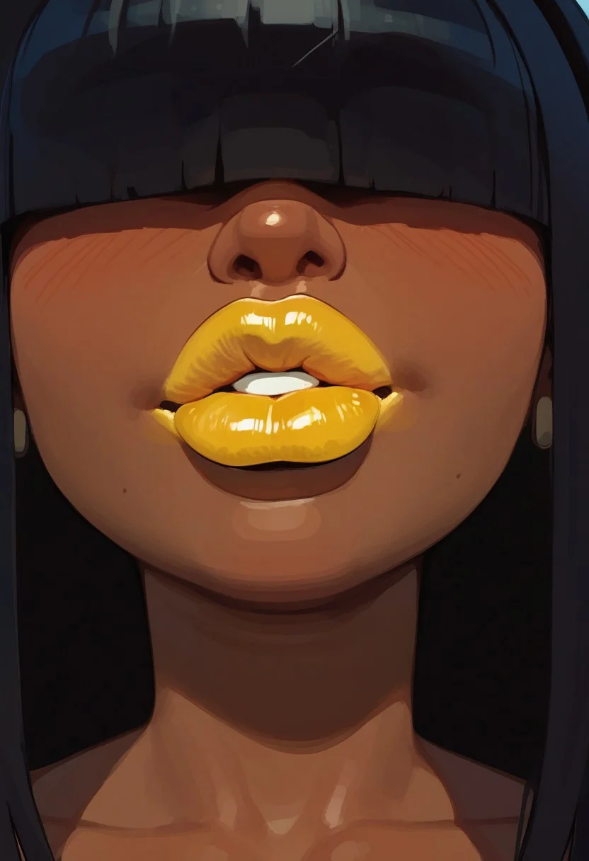 score_9, score_8_up, score_7_up, masterpiece, , line art, anime,, detailed, 1girl, solo, masterpiece, black hair, blunt bangs, dark skin, dark-skinned female, fit female, goth, goth girl, hair over eyes, cute, light smile, beautiful,smiling, big lips, plump lips, golden lipstick, blush, glossy lips, Expressiveh, face focus, lips focus, close up, simple background, side view, smug expression,
,BREAK score_9, score_8_up, score_7_up, score_6_up, source_cartoon, rating_explicit