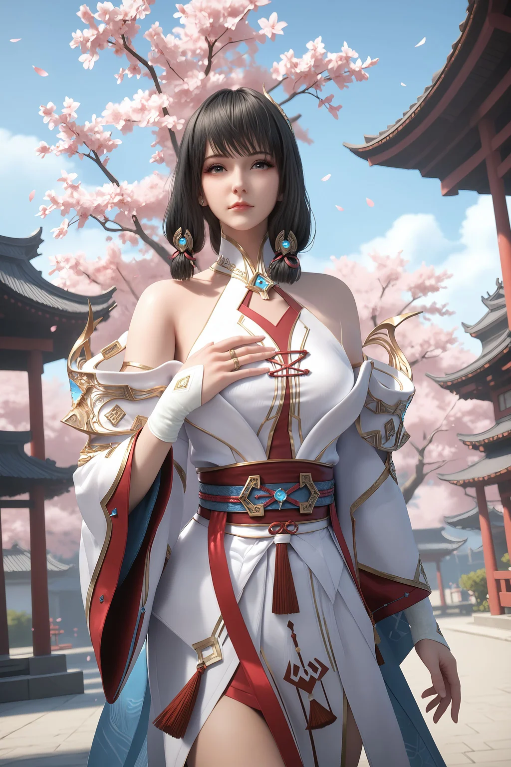 score_9, score_8_up, score_8, source_real,real skin, rating_explicit, mature female, ExpresiveH, best quality, unreal engine,game,cg, very aesthetic, CG, masterpiece, ultra high res, highres, More Details, high rating,Intricate and refined delicate details, looking at viewer,
<lora:age_slider_v4:4>,
<lora:yunluo:1>, 1girl, solo, black hair, hair ornament, bare shoulders, sash, closed mouth, blue sky, sky, outdoors, east asian architecture, Cherry blossom, tree, hand on own chest,