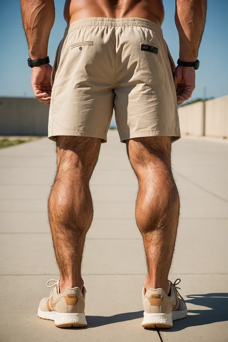 (leg focus:1.2), thick legs, hairy, from behind, wide stance, legs only, bara, buff, 20yo, tanned, sneakers, outdoors, concrete, highly detailed, male
