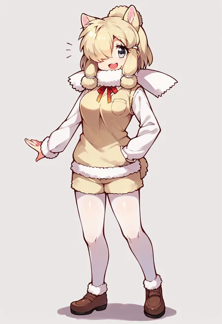 1girl, solo, best quality, ultra-detailed, extremely detailed, perfect anatomy, masterpiece, score_9, score_8_up, score_7_up, alpaca suri (kemono friends), alpaca ears, hair over one eye, bangs, blonde hair, grey eyes, sidelocks, hair tubes, hair bun, tail, short hair, horizontal pupils, fur scarf, white pantyhose, long sleeves, fur collar, fur trim, neck ribbon, white shirt, sweater vest, shorts, pantyhose, breast pocket, fur-trimmed sleeves, shoes, simple background, standing, open mouth smile, staring at viewer, cute, full body, dutch angle, posing,