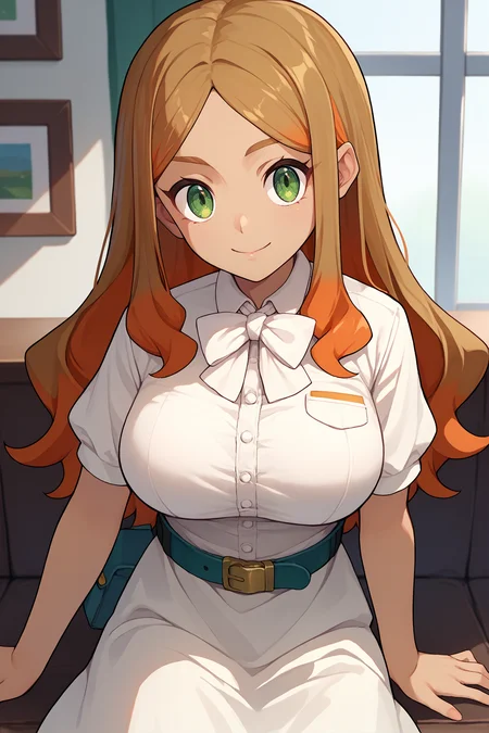 score_9, score_8_up, score_7_up, score_6_up, source_anime, 1girl, solo <lora:pkmnorla-pdxl-nvwls-v1-000005:1> orla, brown hair, orange hair, multicolored hair, long hair, wavy hair, parted bangs, tan, large breasts, white dress, white bowtie, short sleeves, belt, looking at you, smile, indoors, sitting