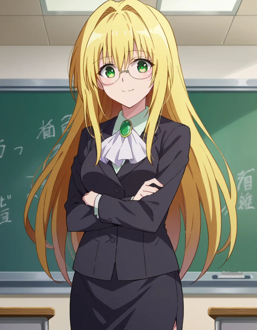 score_9, score_8_up, score_7_up, source_anime,
tearjulunatique, <lora:tearju-lunatique-ponyxl-lora-nochekaiser:1>,
tearju lunatique, long hair, blonde hair, green eyes, sidelocks, glasses, smile,
shirt, collared shirt, white shirt, suit, formal suit, long sleeves, ascot, white ascot, gemstone, green gemstone, skirt, pencil skirt,
indoors, classroom, teaching, chalkboard,
looking at viewer, cowboy shot, dutch angle, dynamic pose,
