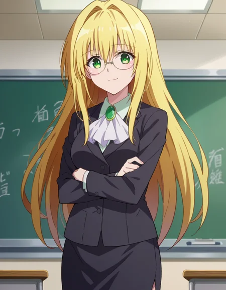 score_9, score_8_up, score_7_up, source_anime,
tearjulunatique, <lora:tearju-lunatique-ponyxl-lora-nochekaiser:1>,
tearju lunatique, long hair, blonde hair, green eyes, sidelocks, glasses, smile,
shirt, collared shirt, white shirt, suit, formal suit, long sleeves, ascot, white ascot, gemstone, green gemstone, skirt, pencil skirt,
indoors, classroom, teaching, chalkboard,
looking at viewer, cowboy shot, dutch angle, dynamic pose,