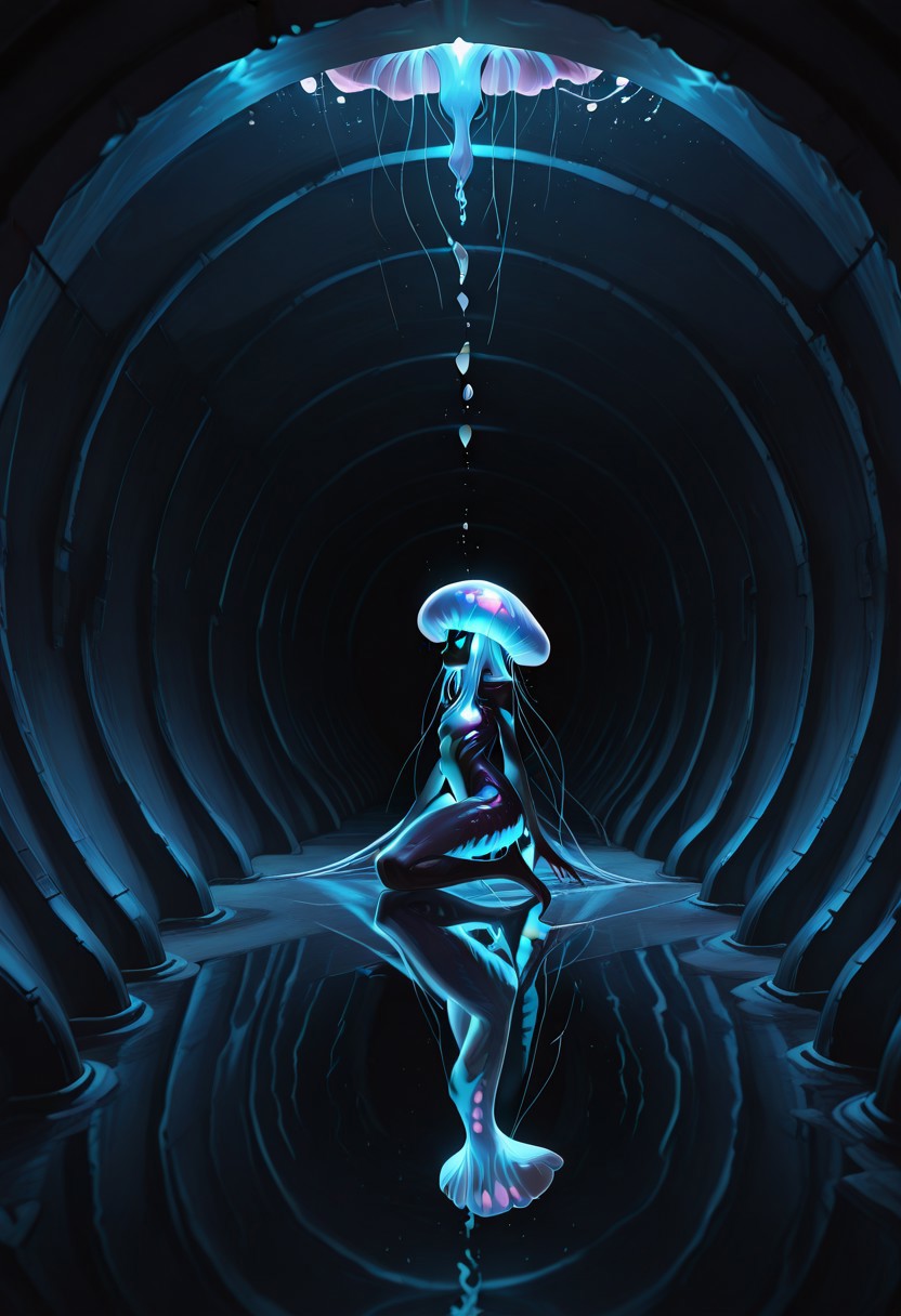 masterpiece, absurdres, best quality, amazing quality, ultra-detailed, newest, extremely detailed, very aesthetic, 
ultra detailed, intricate detail, ultra sharp, 
exquisite detail, exciting background, 
rating_safe, sfw, 
BREAK, 
monster girl, frog girl, jellyfish, 
evil smile, from side, 
Underwater, 
tunnel, sewer tunnel, reflection, creepy, dark, dirty,